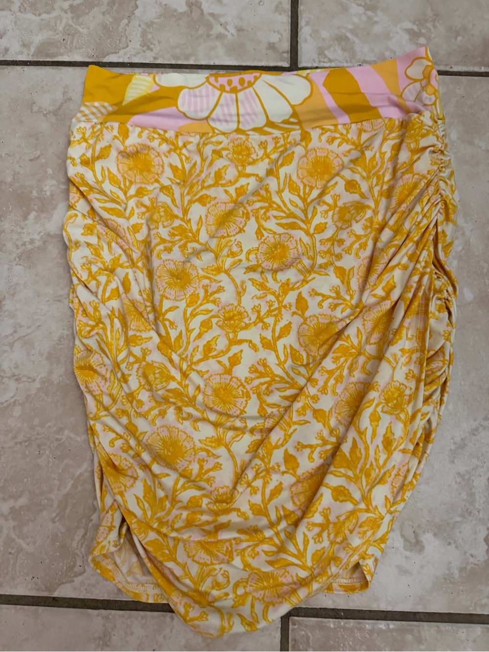 Free People Yellow Floral Ruched Mini Skirt with Pink Waistband